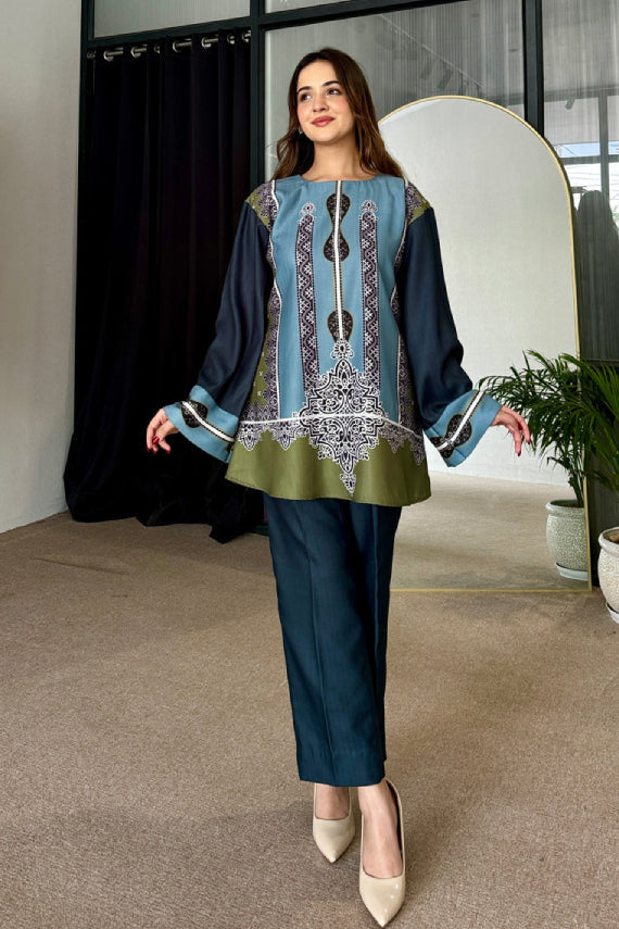 Saayra Heritage Motif Cotton Silk Kurta Pant Set Teal Olive