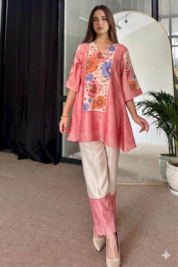 Soft Pink Cotton Silk Kurta Set with Digital Print