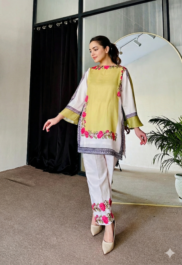 Saayra Lemon Yellow Cotton Cord-Set Flower Digital Print