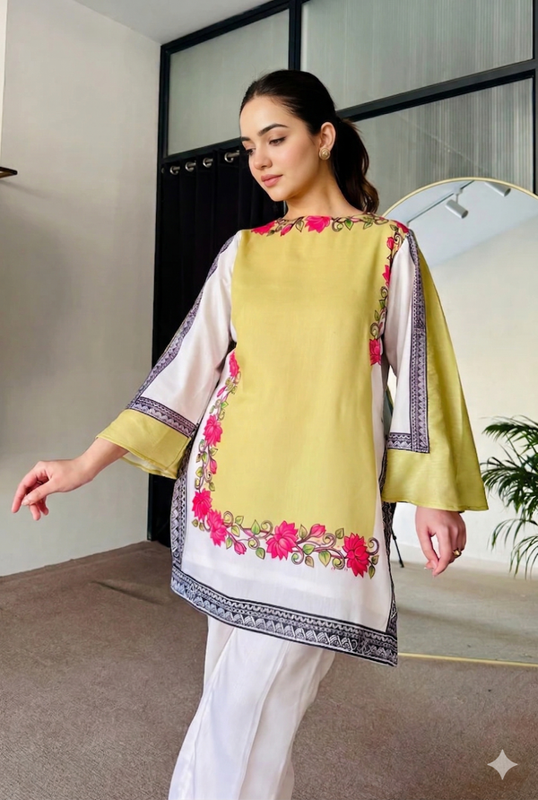 Saayra Lemon Yellow Cotton Cord-Set Flower Digital Print