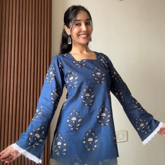 Navy Blue Floral Printed Bell Sleeve Short Kurti