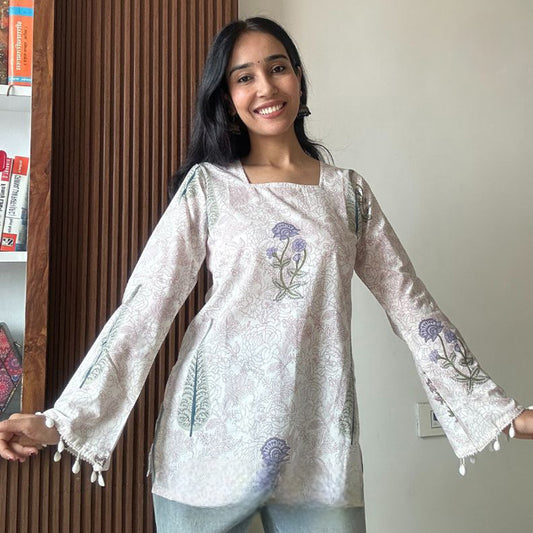 Classic White Floral Printed Bell Sleeve Short Kurti