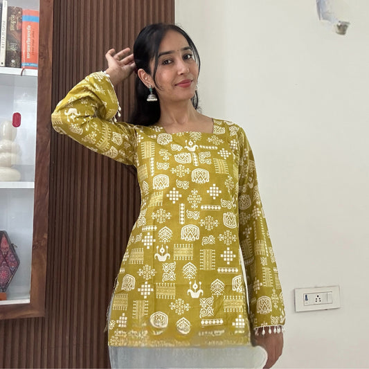 Mustard Yellow Tribal Printed Bell Sleeve Short Kurti