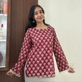 Elegant Maroon Floral Printed Bell Sleeve Short Kurti