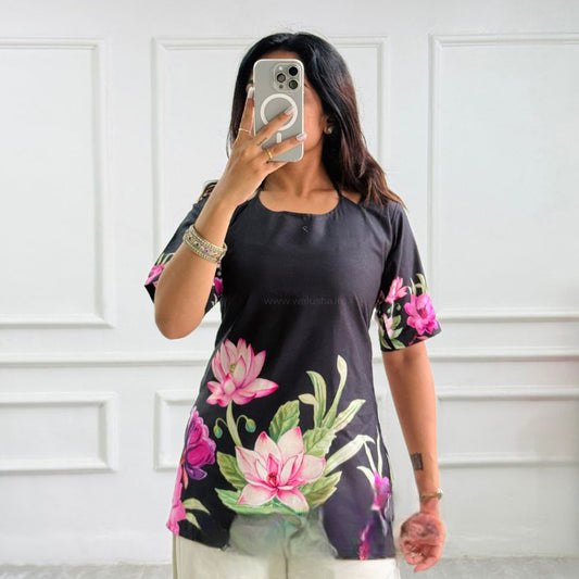 Midnight Lotus Bloom Printed Corset Back Short Kurti