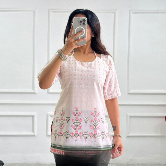 Ivory Elegance with Golden Motifs Printed Corset Back Short Kurti