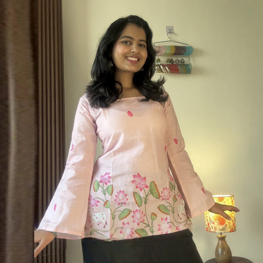 Blush Pink Lotus Printed Corset Back Short Kurti
