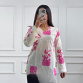 White And Pink Rose Motifs Pure Cotton Short Kurti