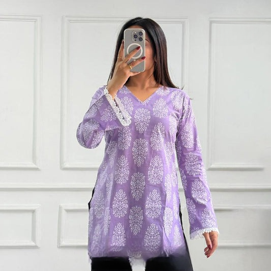 Lavender Hand Block Printed Pure Cotton Short Kurti