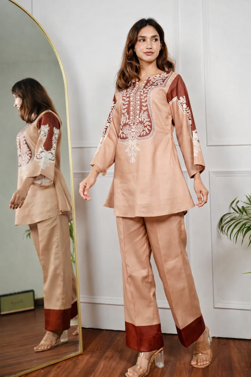 Caramel Hand-Block Inspired Cotton Kurta Pant Set for Women