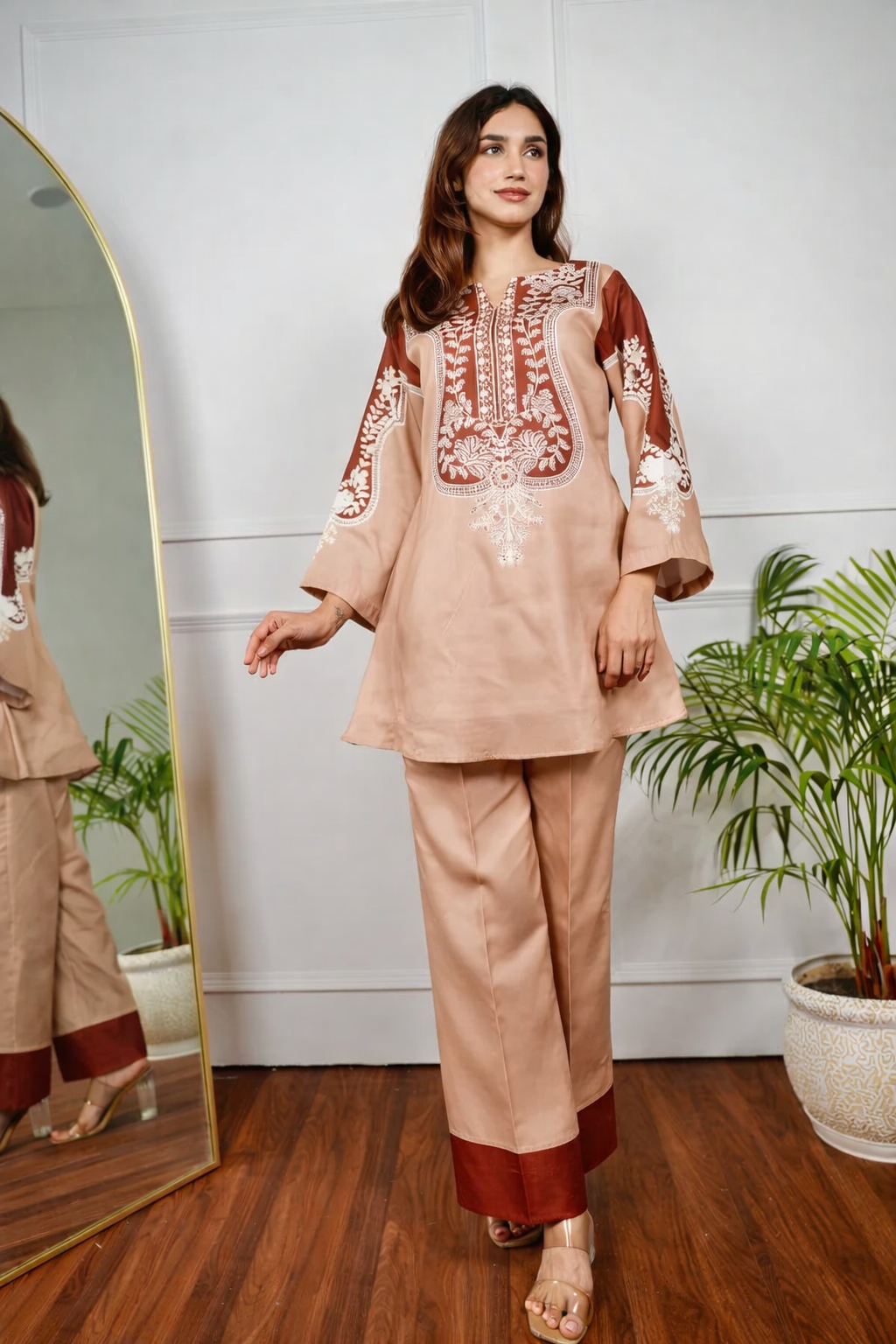 Caramel Hand-Block Inspired Cotton Kurta Pant Set for Women