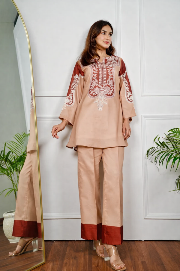 Saayra Women's Caramel Hand-Block Inspired Cotton Kurta Pant Set