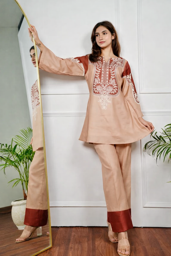 Saayra Women's Caramel Hand-Block Inspired Cotton Kurta Pant Set