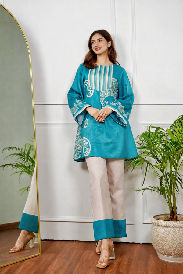 Teal and Beige Cotton Printed Kurta Set with Large Paisley Motifs and Striped Yoke Detail